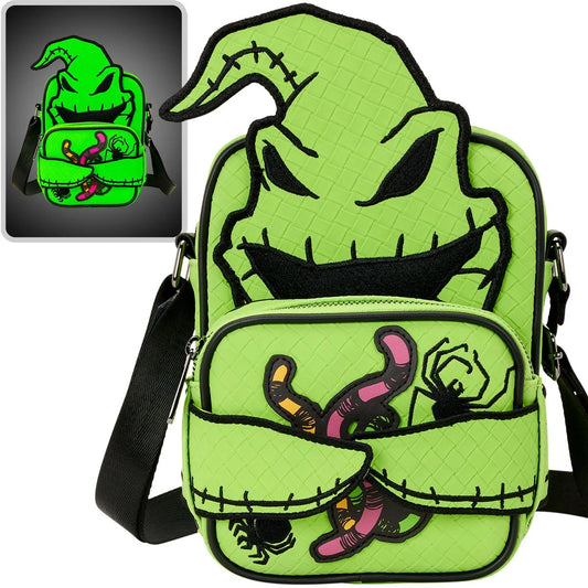 Green bag with cartoonish design of Oogie Boogie , featuring a small inset image of it glowing in the dark.