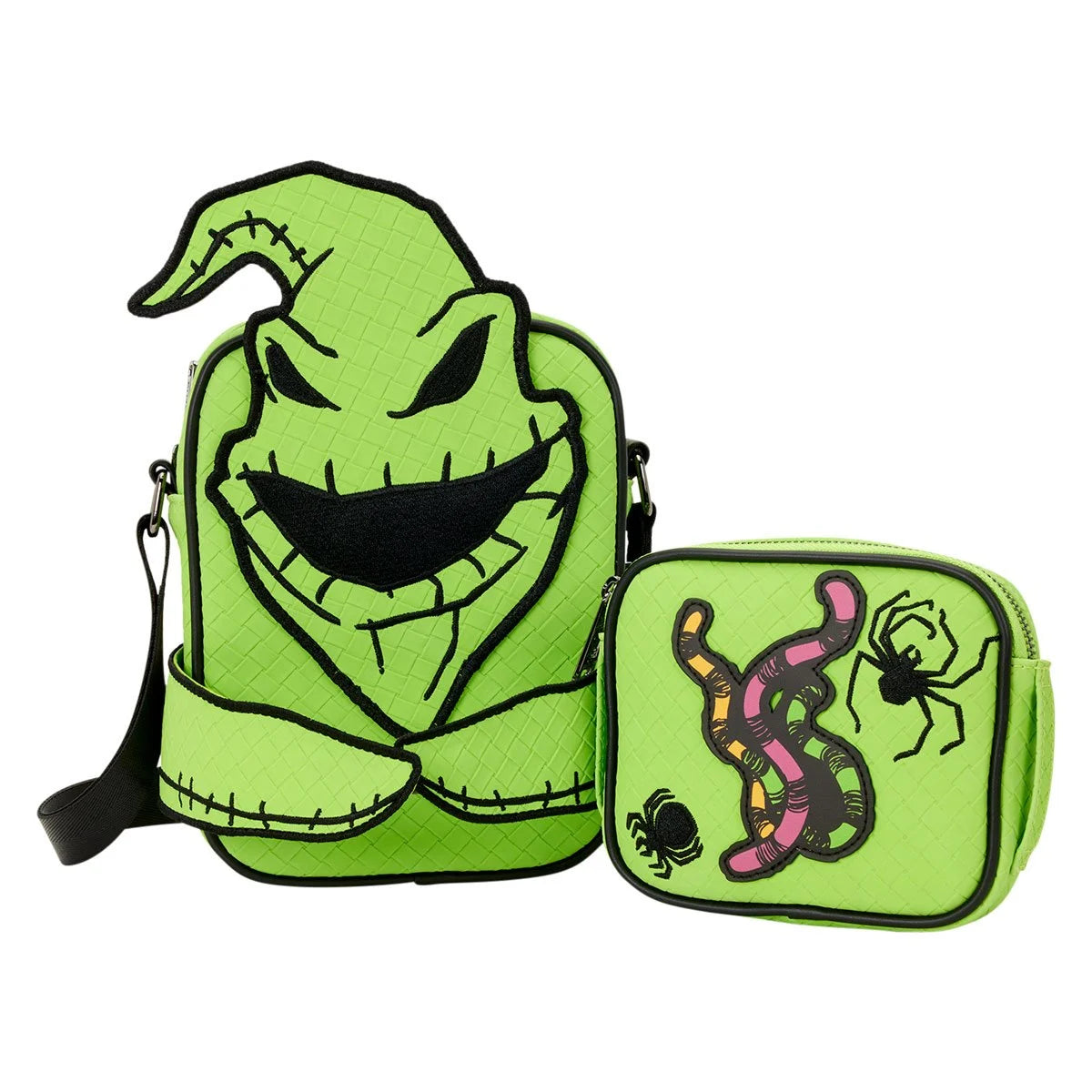 Green bag with cartoon character Oogie Boogie design on a white background