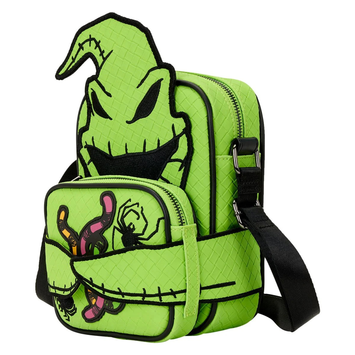 Green backpack with cartoon character  Oogie Boogie design on a white background