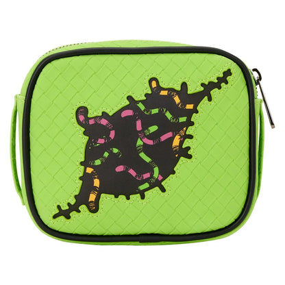 Green pouch with black and colorful design on a white background