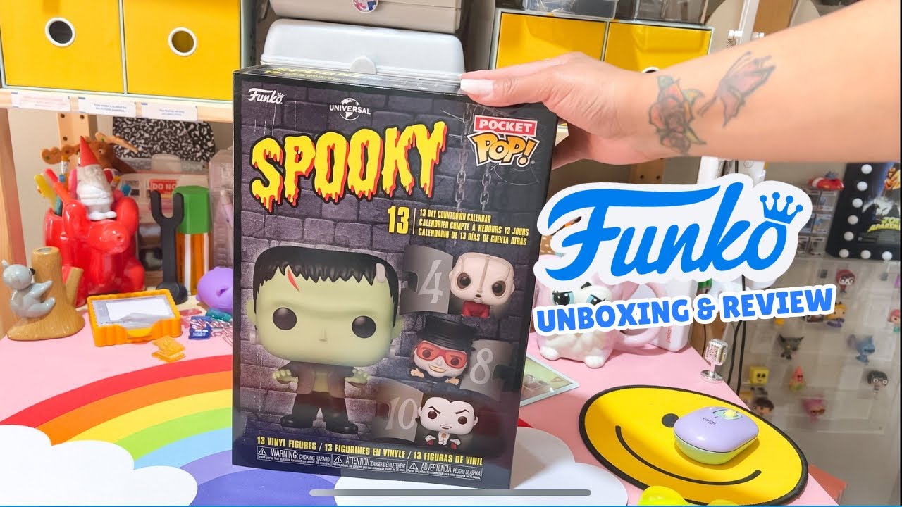 Load video: YouTube unboxing and full reveal of the 2025 Funko Pocket Pop! 13 Days of Horror Advent Calendar, showing all figures and packaging details.
