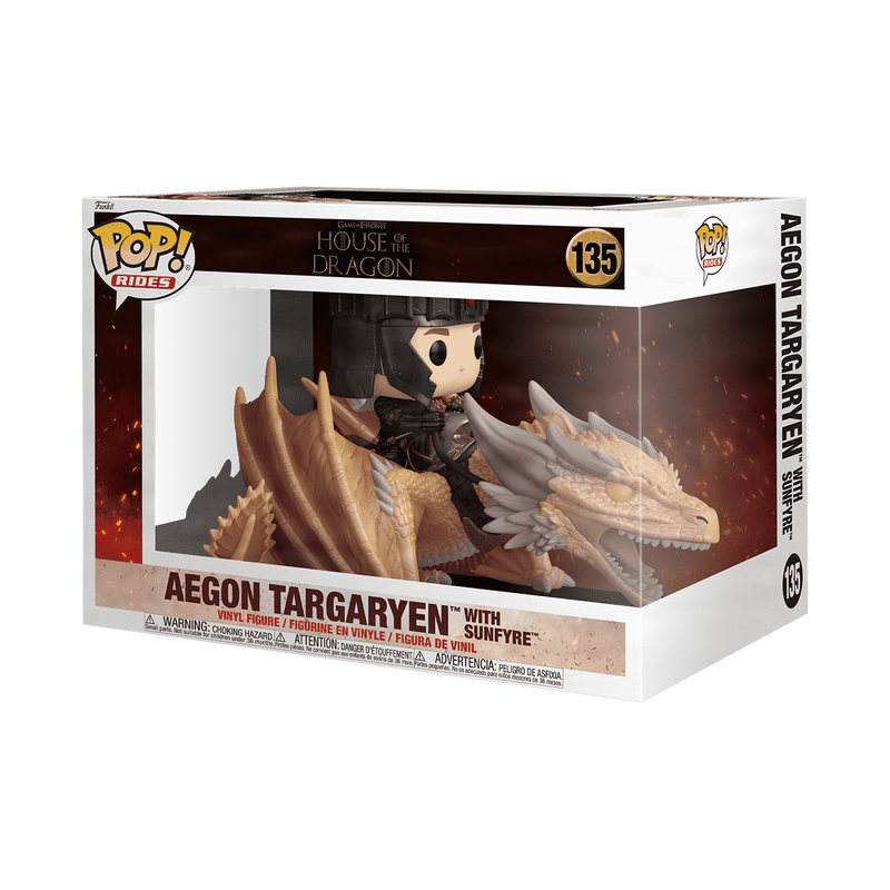 Funko Pop! vinyl figure packaging featuring Aegon Targaryen with a dragon on a white background