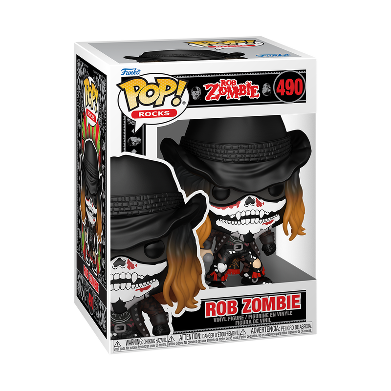 Funko Pop! vinyl figure packaging featuring Rob Zombie character with black hat and white face design.