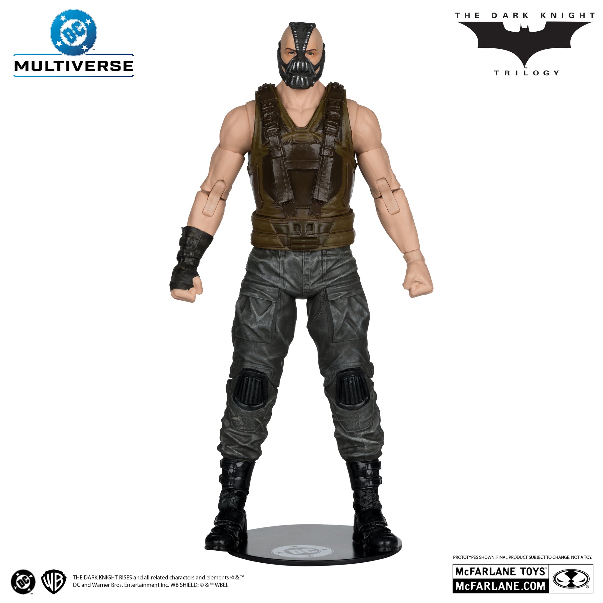 Action figure of Bane from 'The Dark Knight Trilogy' by McFarlane Toys on a white background.