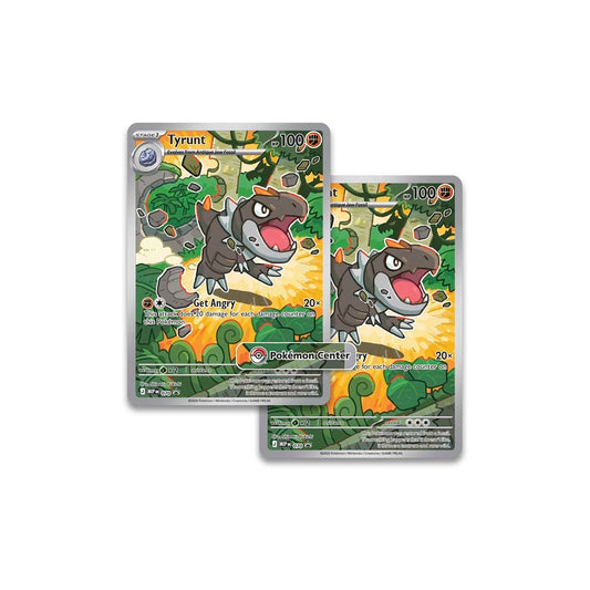 Two Tyrunt Pokémon cards from the Pokémon Center on a white background