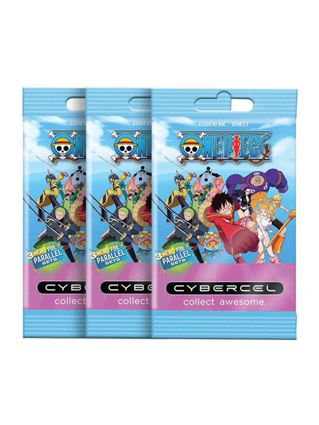 Three Cybercel trading card packs featuring animated characters on a white background