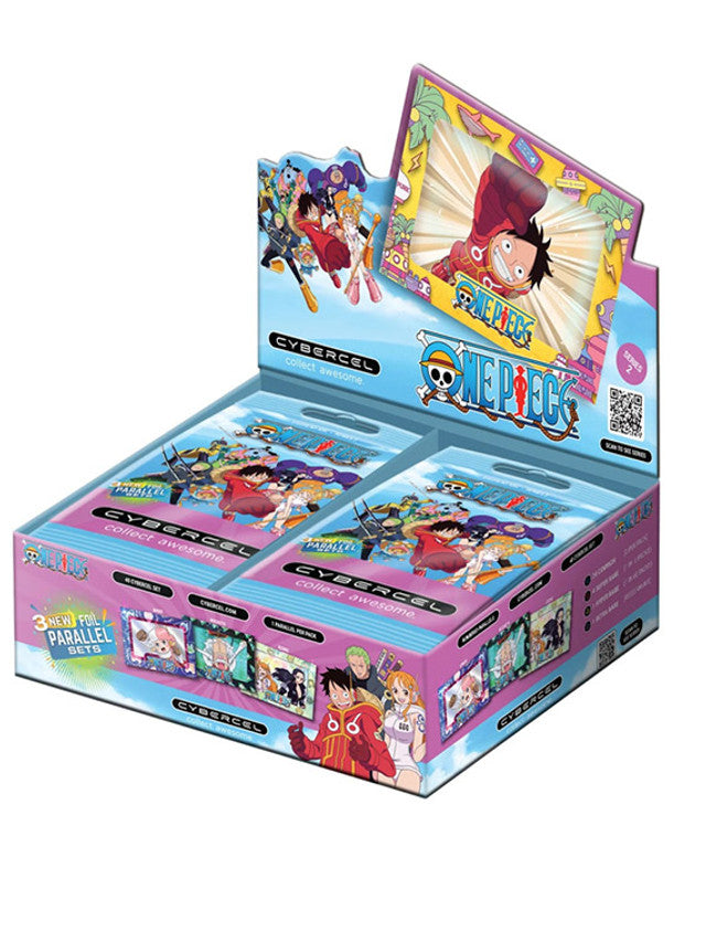 Display box of 'One Piece' themed trading cards with colorful packaging.
