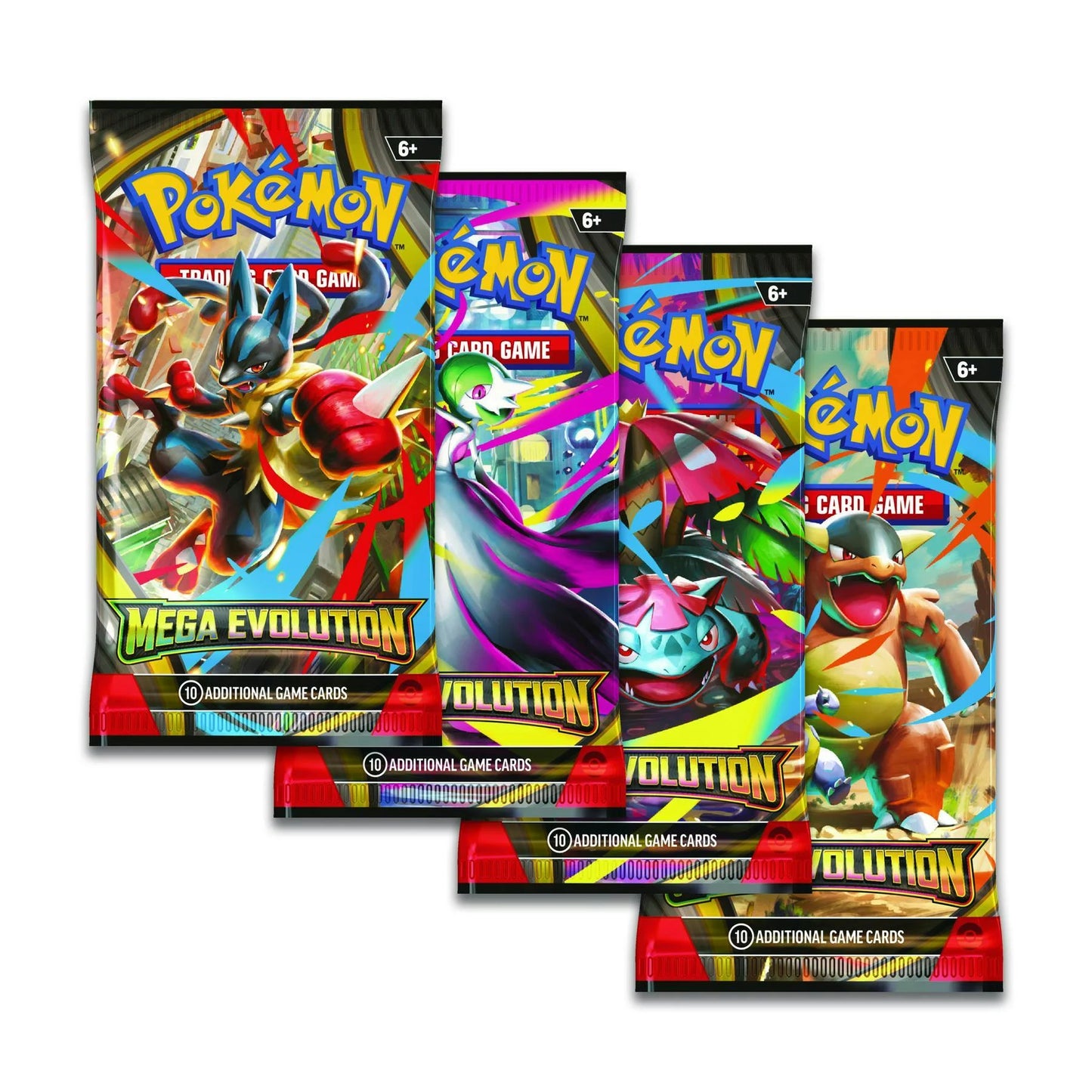 Four Pokemon trading card Mega Evolution game packs with colorful designs and character illustrations on a white background.