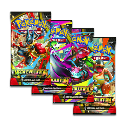 Four Pokemon trading card Mega Evolution game packs with colorful designs and character illustrations on a white background.