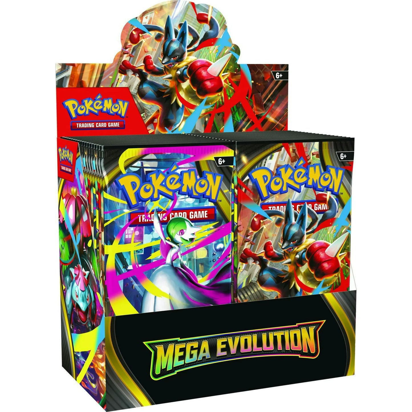 Pokémon trading card game packs with 'Mega Evolution' theme on a white background