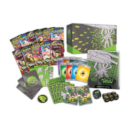 Pokémon Center exclusive Perfect Order ETB with card sleeves, dice, and accessories