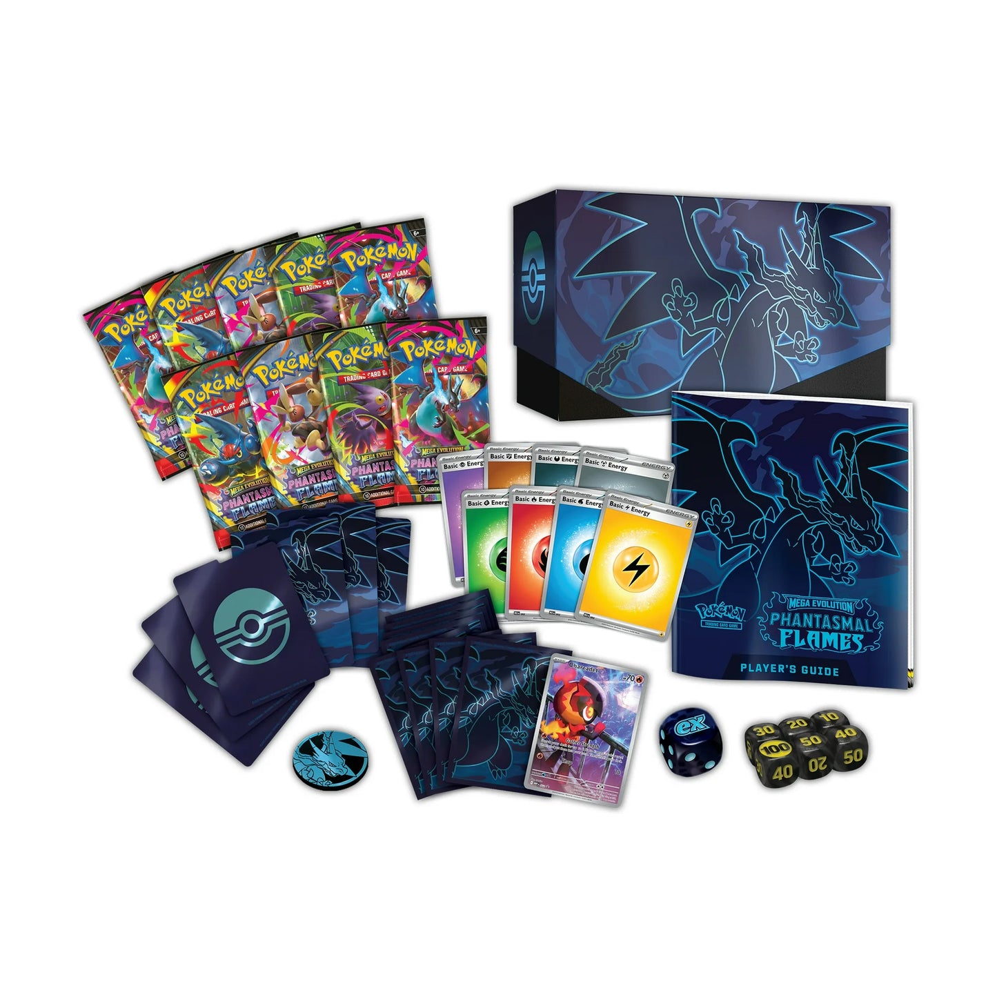 Phantasmal Flames Elite Trainer Box ME02 contents with 9 booster packs Charcadet promo sleeves dice and energy cards