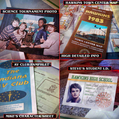 Collage of items from a high school setting including a science tournament photo, town center map, AV club pamphlet, and student ID.