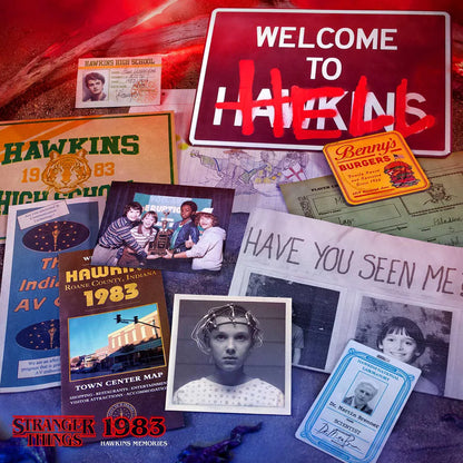Collection of 'Stranger Things' themed items including a 'Welcome to Hawkins' sign and memorabilia.