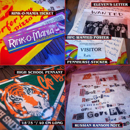 Collection of vintage items including a Rink-O-Mania ticket, HFC wanted poster, Pennhurst sticker, high school pennant, and Russian ransom note.