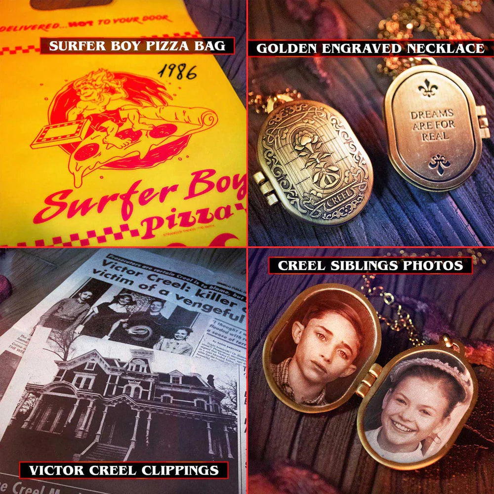 Collage of a Surfer Boy Pizza bag, a golden engraved necklace, Creel siblings photos, and Victor Creel clippings.