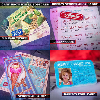 Collection of vintage-themed items including a 'Camp Know Where' postcard, 'Robin's Scoops Ahoy' badge, 'Fun Fair Ticket', 'Scoops Ahoy Menu', and a 'Hawkins Community Pool' card.