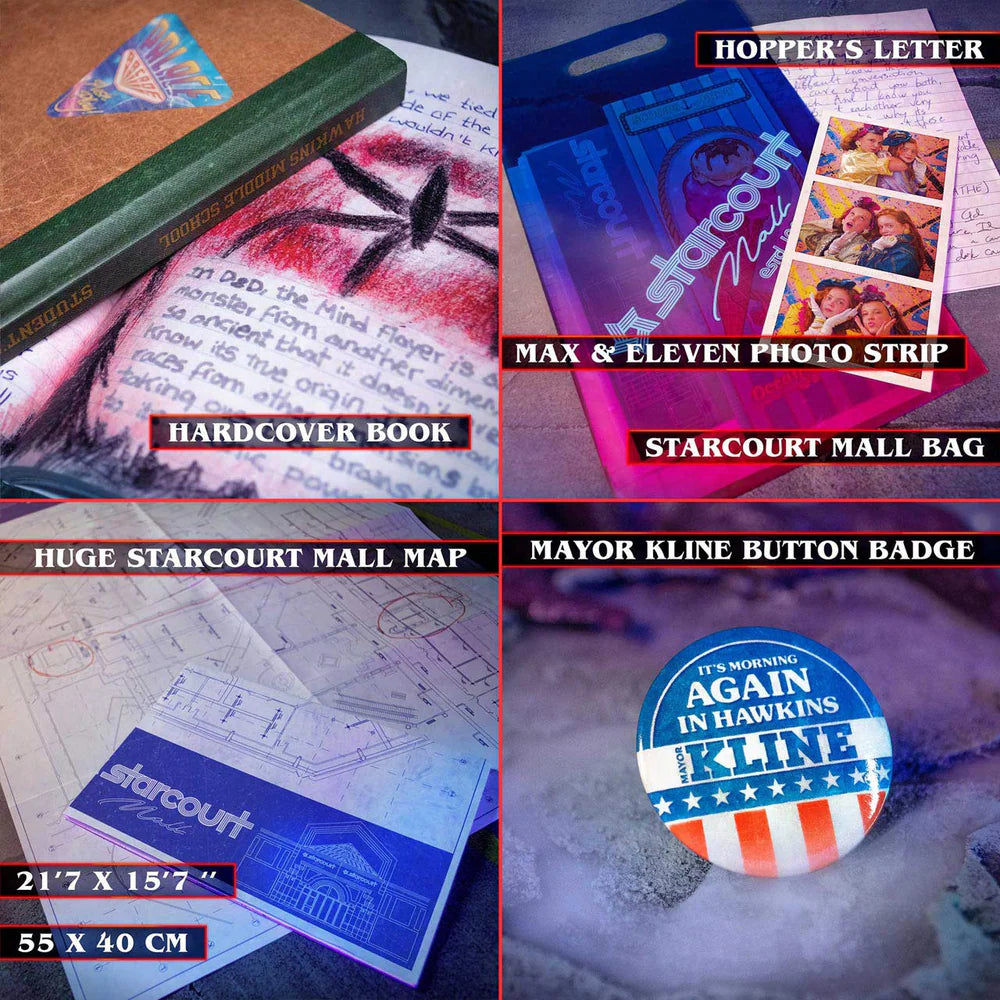 Collection of items including a hardcover book, Starcourt Mall bag, map, and button badge with text.