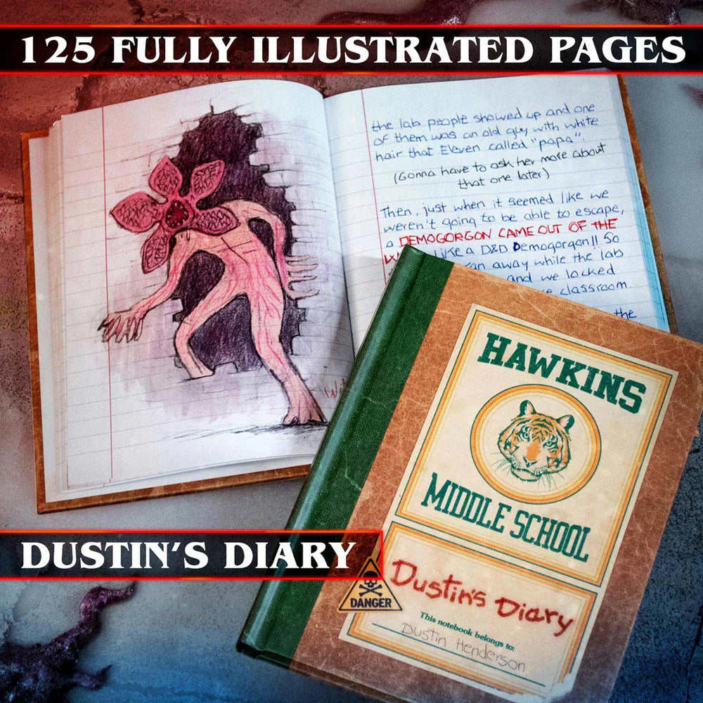 Open diary with illustrations and a cover featuring 'Hawkins Middle School' and 'Dustin's Diary'.