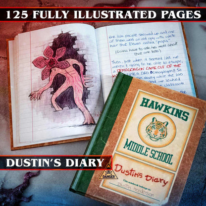 Open diary with illustrations and a cover featuring 'Hawkins Middle School' and 'Dustin's Diary'.