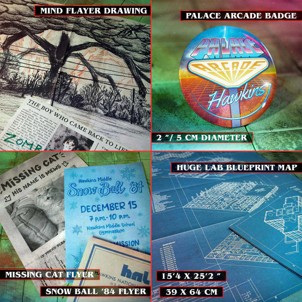 Collage of various items including a drawing, badge, flyer, and blueprint map with text labels.