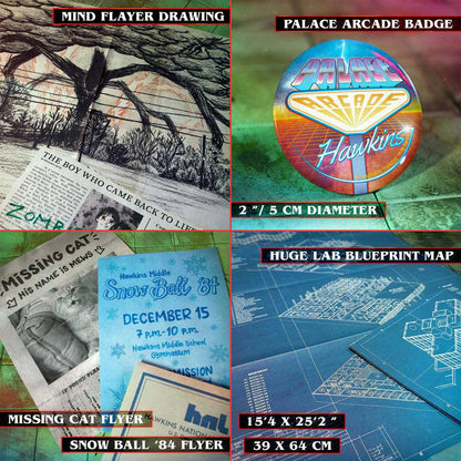 Collage of various items including a drawing, badge, flyer, and blueprint map with text labels.