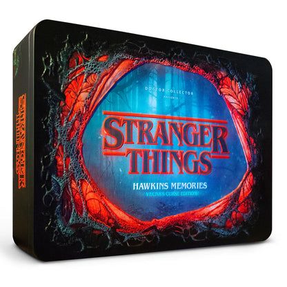 Stranger Things Hawkins Memories collectible box with red and blue design