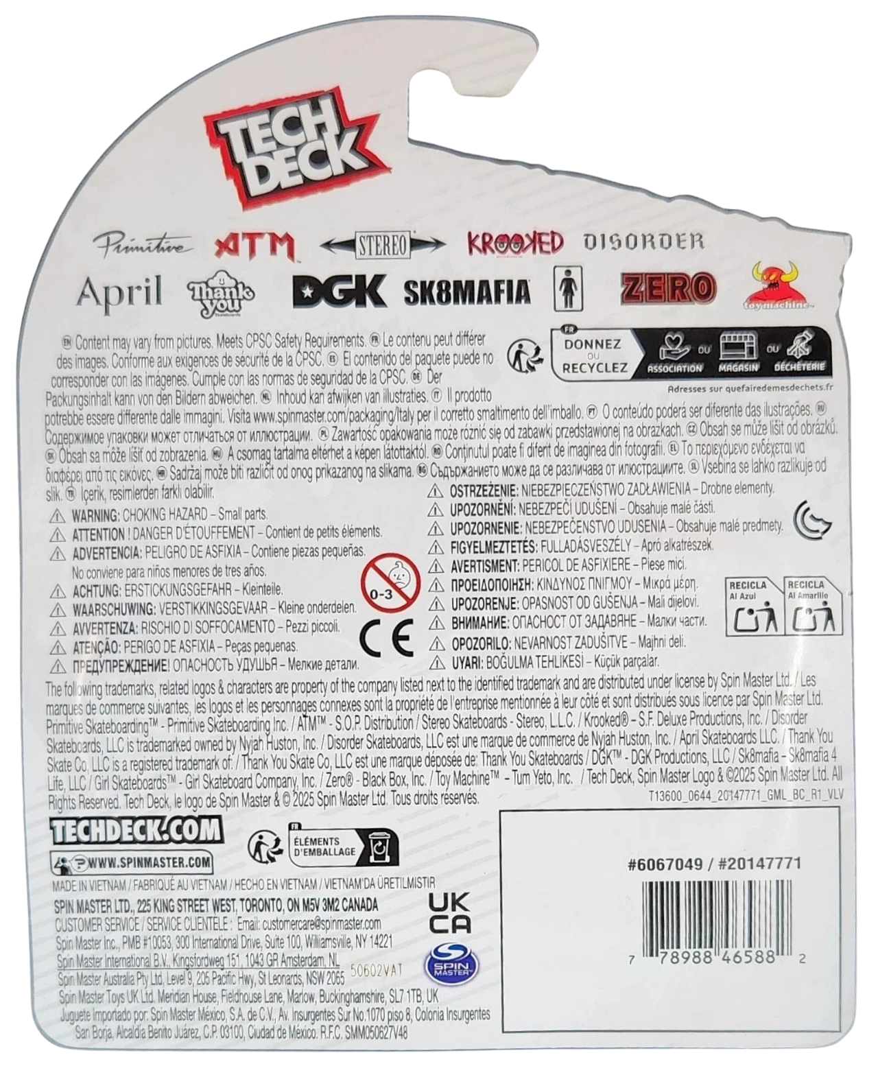 Back of a Tech Deck skateboard with brand logos and text