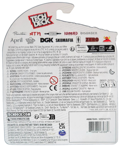 Back of a Tech Deck skateboard with brand logos and text