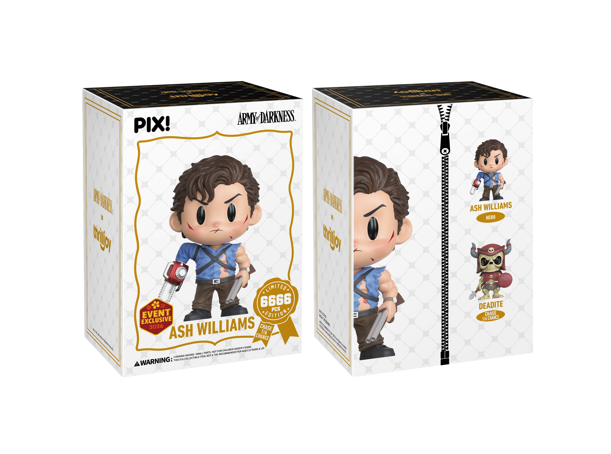 Two boxes of a 'Ash Williams' figurine from 'Army of Darkness' with a white background.