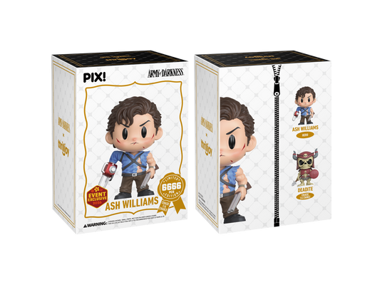 Two boxes of a 'Ash Williams' figurine from 'Army of Darkness' with a white background.