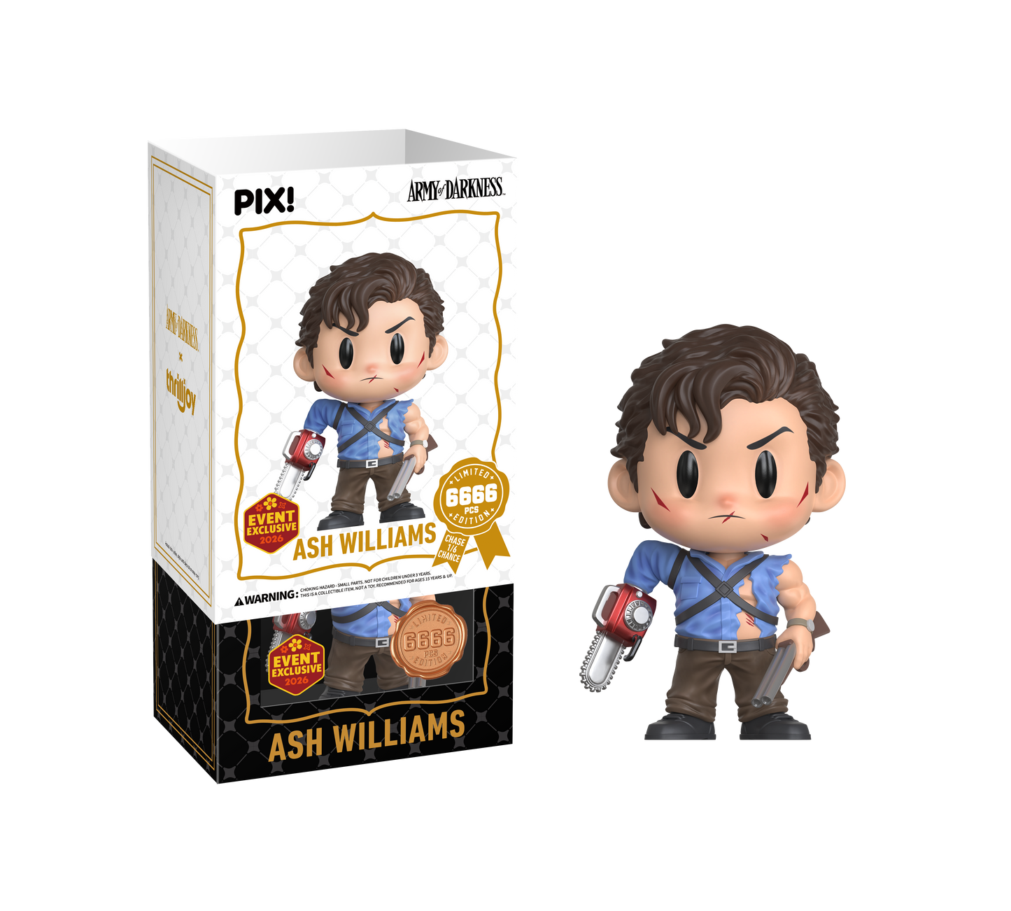 Thrilljoy figurine of Ash Williams with packaging on a white background
