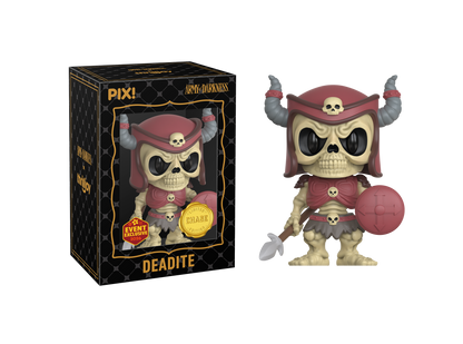 Skull-themed Deadite figurine with red hat and pink ball next to its packaging
