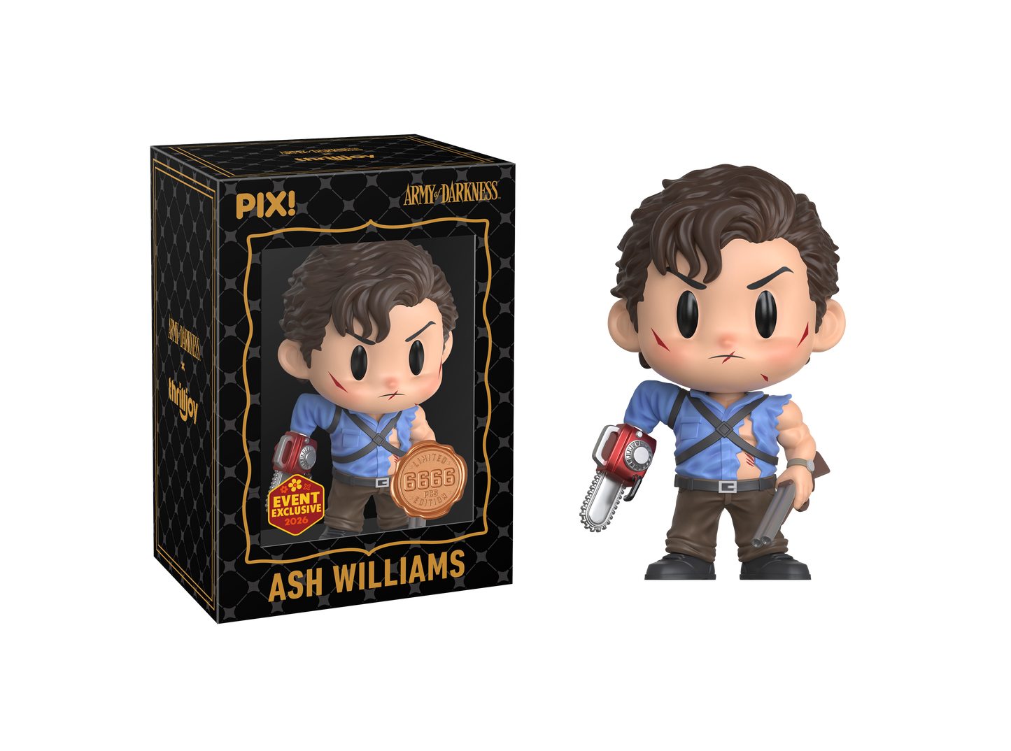 Thrilljoy figurine of Ash Williams from 'The Army of Darkness' with packaging on a white background
