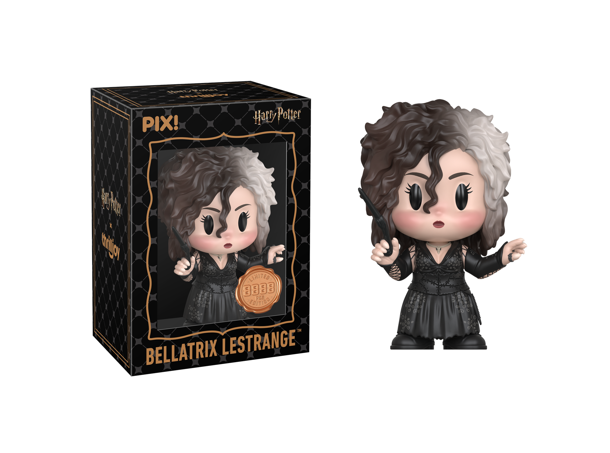 Thrilljoy vinyl figure of Bellatrix Lestrange from Harry Potter with packaging on a white background