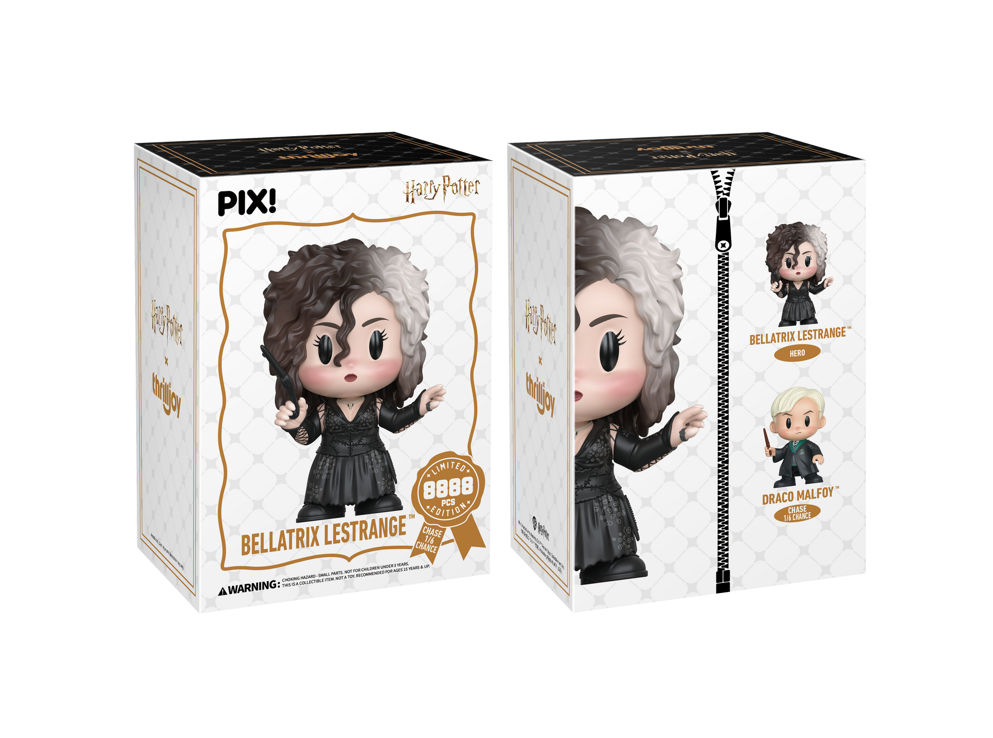Thrilljoy figurine boxes featuring Bellatrix Lestrange from Harry Potter on a white background.
