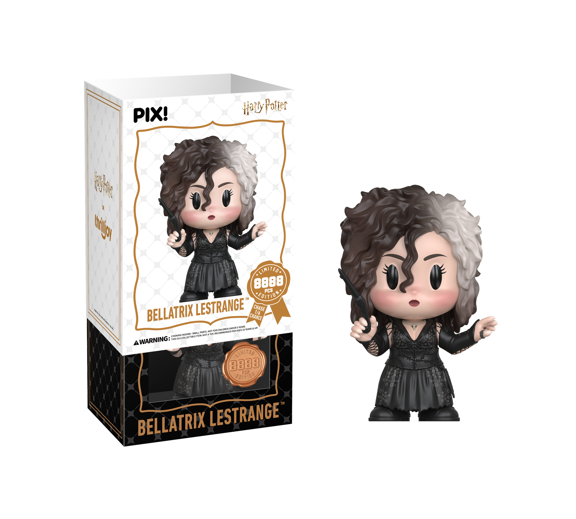 Thrilljoy vinyl figure of Bellatrix Lestrange from Harry Potter with packaging on a white background