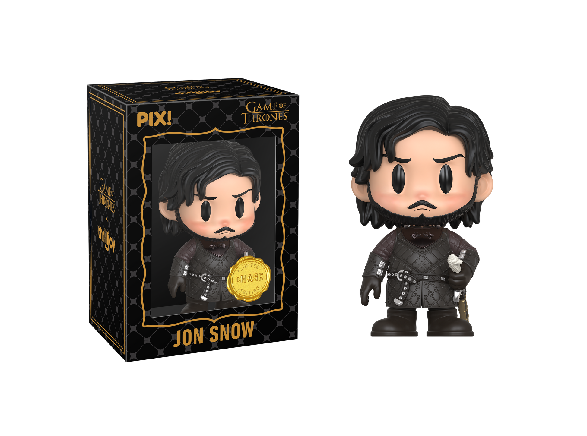 Funko Pop! Jon Snow figure from Game of Thrones next to its packaging on a white background