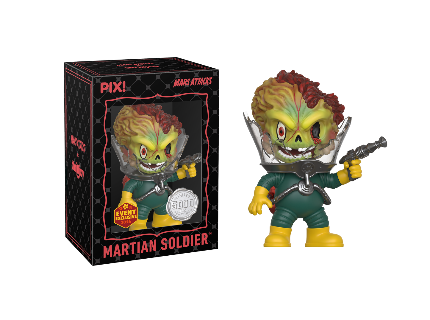 Toy figure of a Martian soldier with packaging on a white background