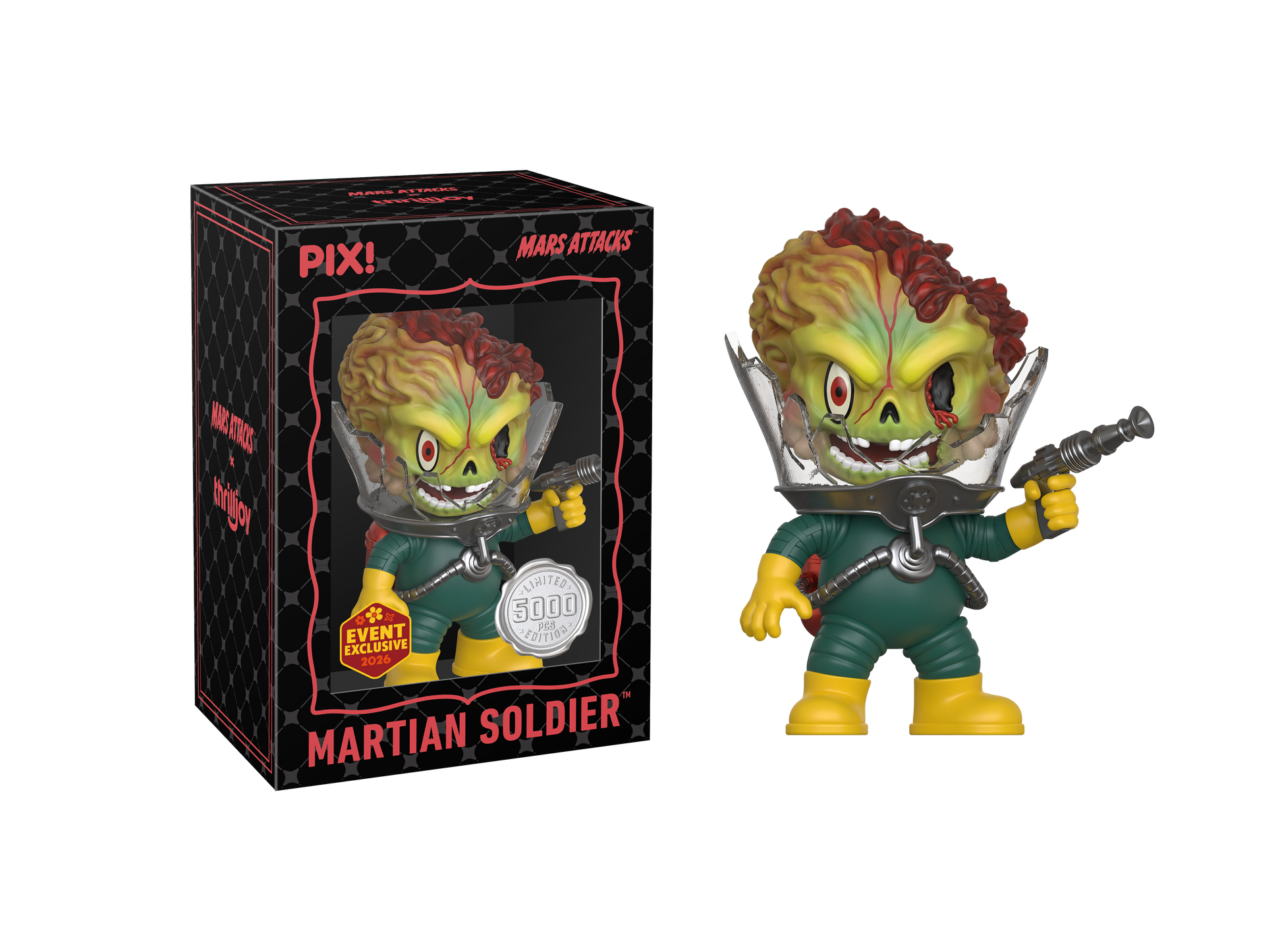 Toy figure of a Martian soldier with packaging on a white background