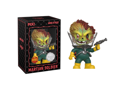 Toy figure of a Martian soldier with packaging on a white background