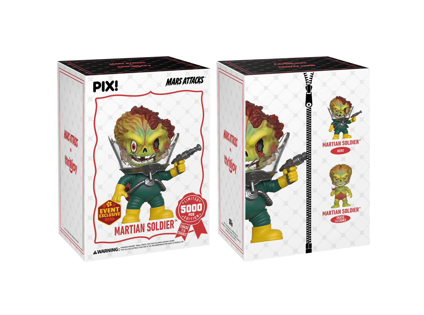 Two boxes of a 'Mars Attacks' Martian Soldier figure with event exclusive label.