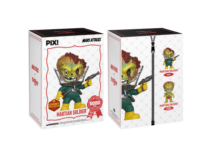 Two boxes of a 'Mars Attacks' Martian Soldier figure with event exclusive label.