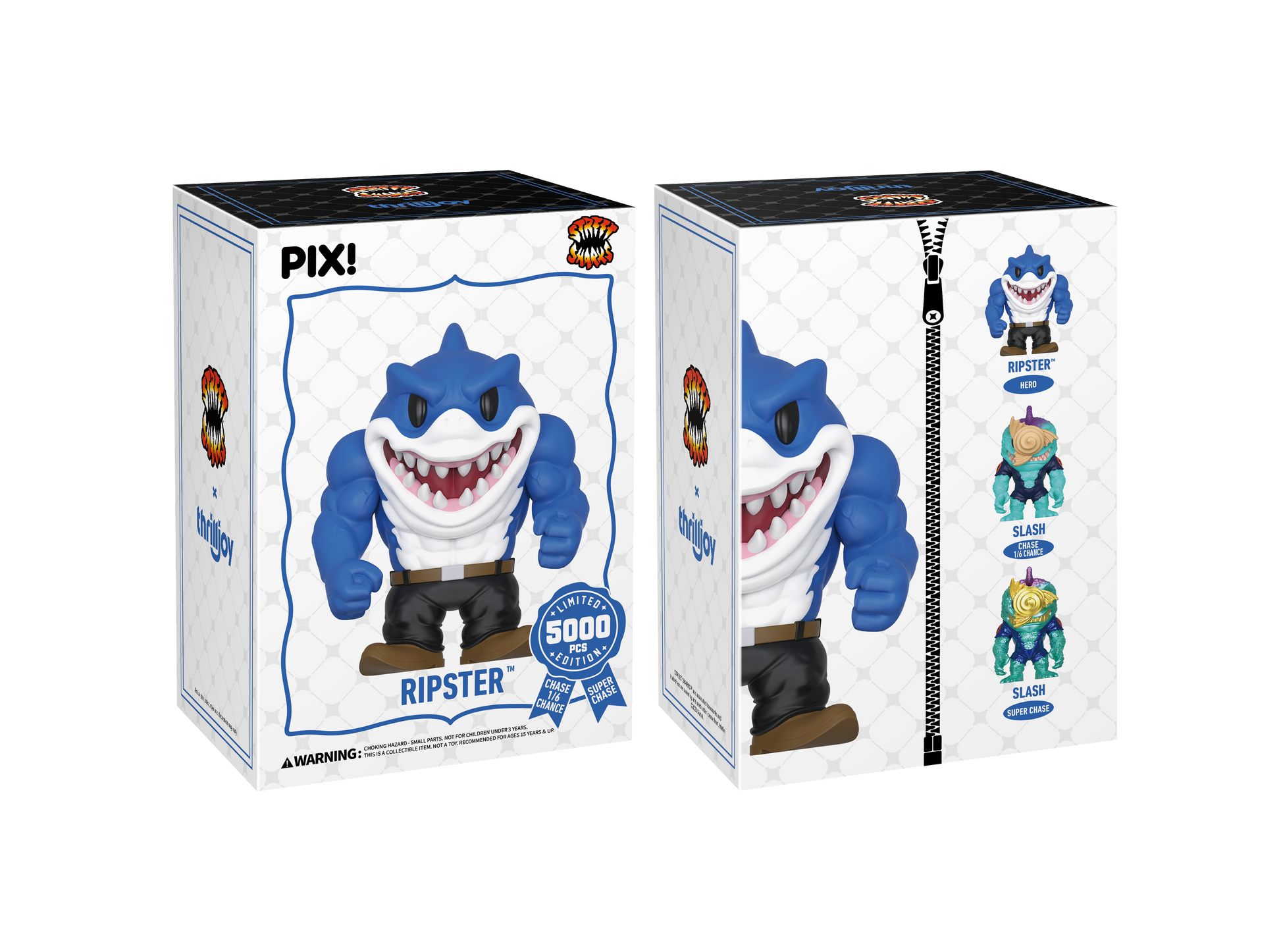 Two boxes of a blue shark-shaped toy with 'Pix!' branding on a white background