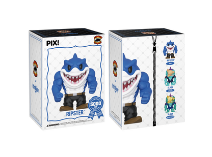 Two boxes of a blue shark-shaped toy with 'Pix!' branding on a white background