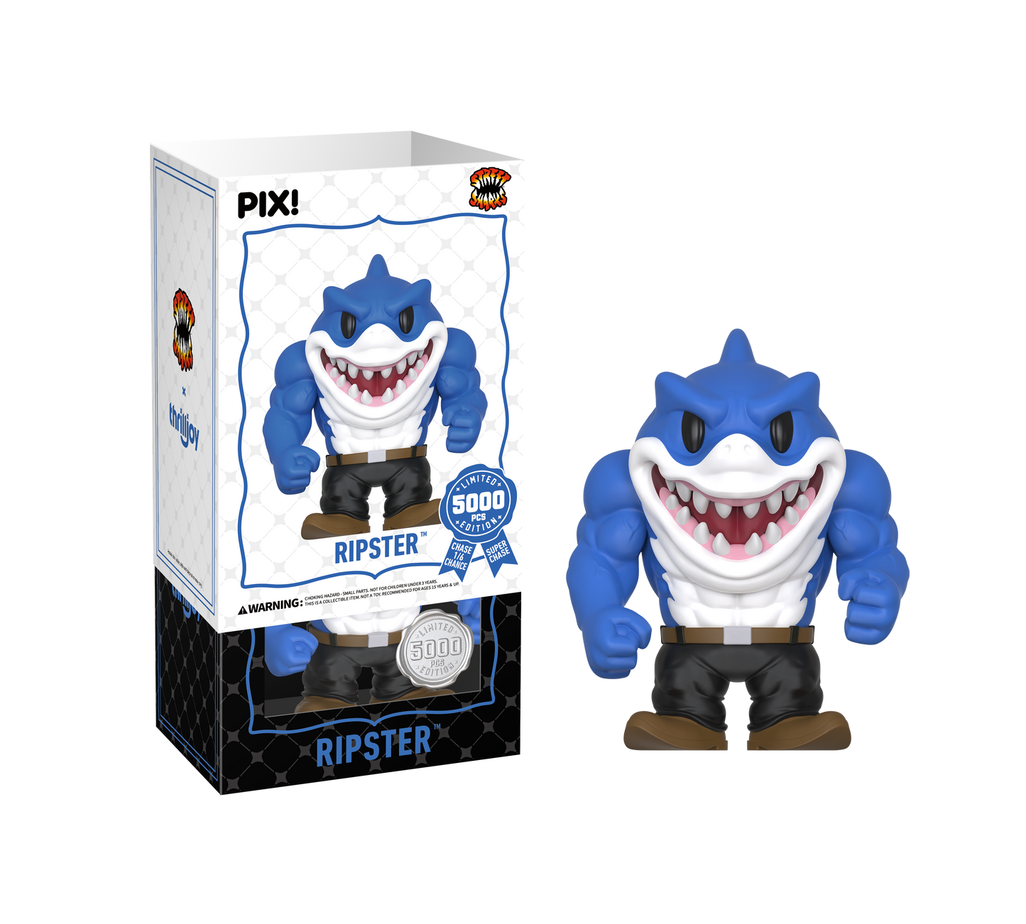 Blue shark-shaped figurine with a white chest and black shorts, standing next to its packaging box.