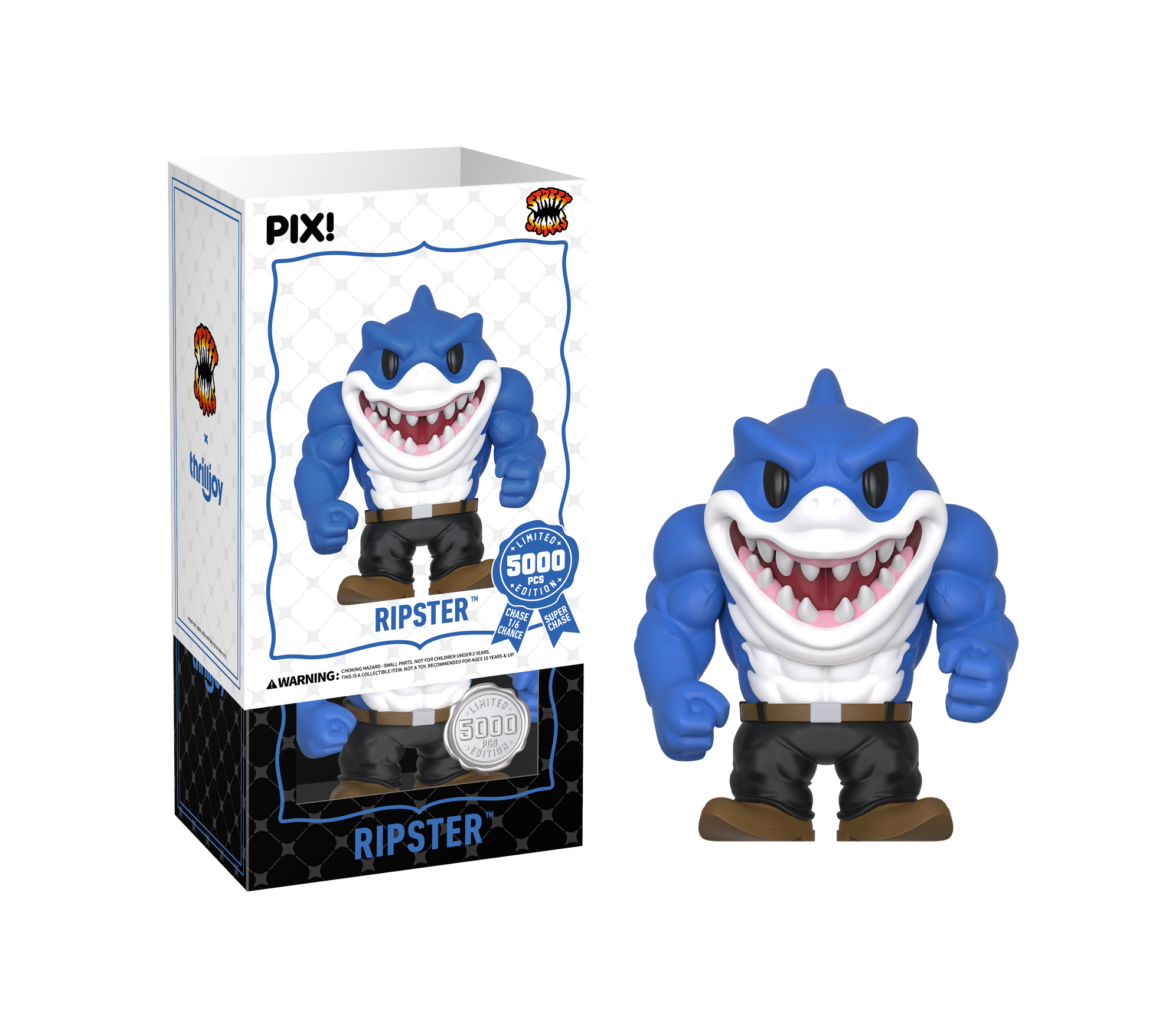 Blue shark-shaped figurine with a white chest and black shorts, standing next to its packaging box.