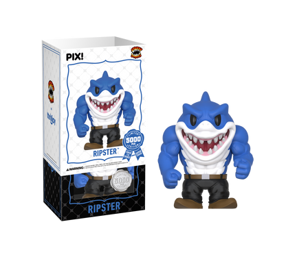 Blue shark-shaped figurine with a white chest and black shorts, standing next to its packaging box.