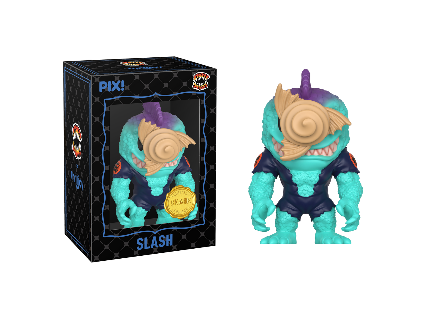Toy figure of a character named 'Slash' with packaging on a white background