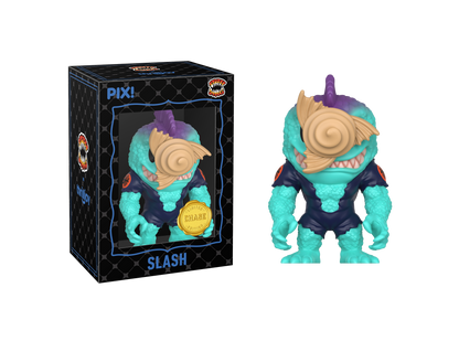 Toy figure of a character named 'Slash' with packaging on a white background